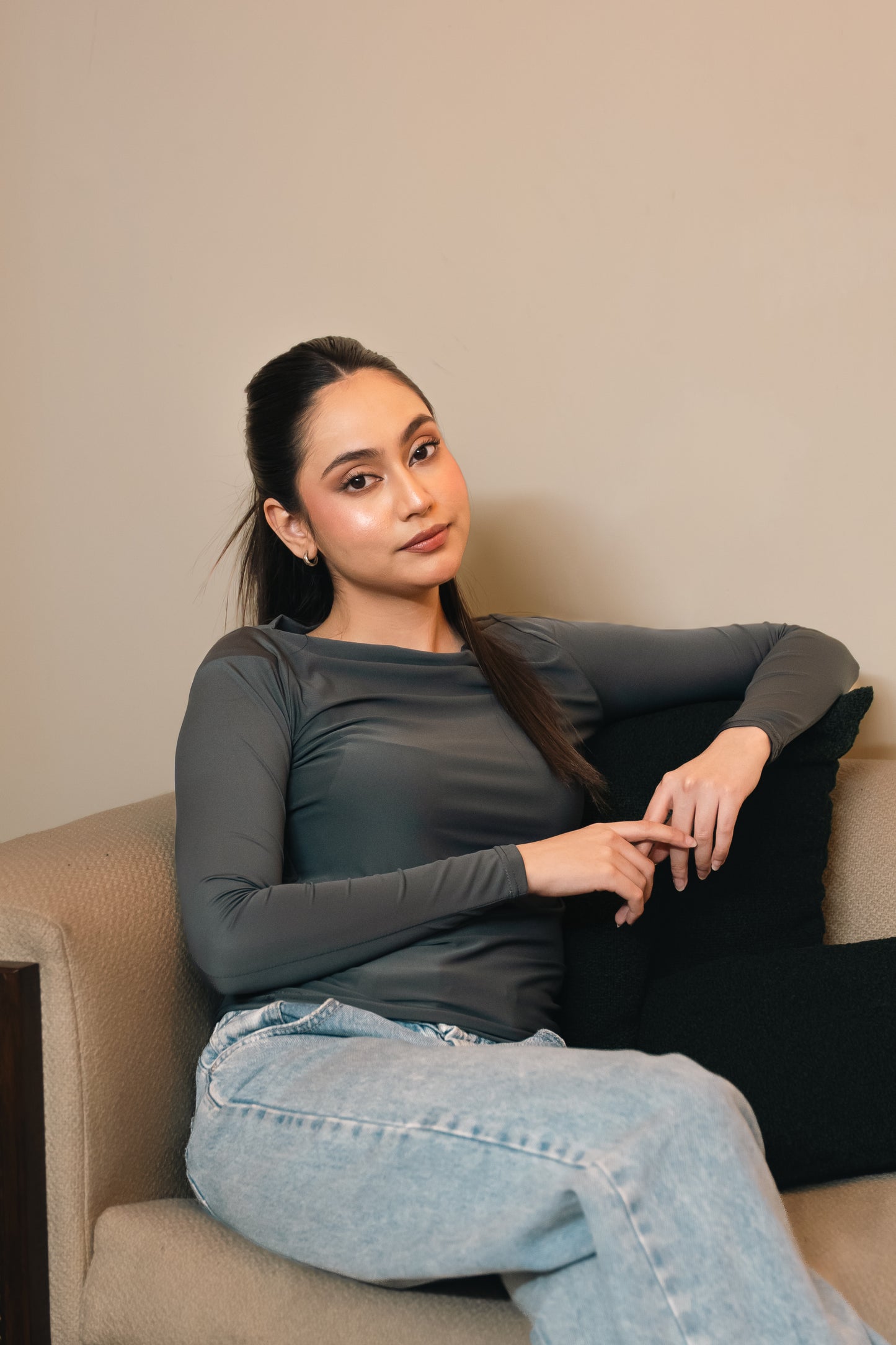 Long Sleeve Boatneck Top - Grey