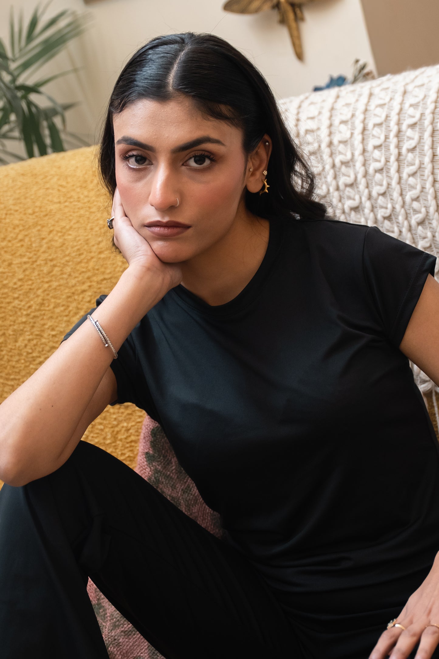 Half Sleeve Crewneck Top - Black
