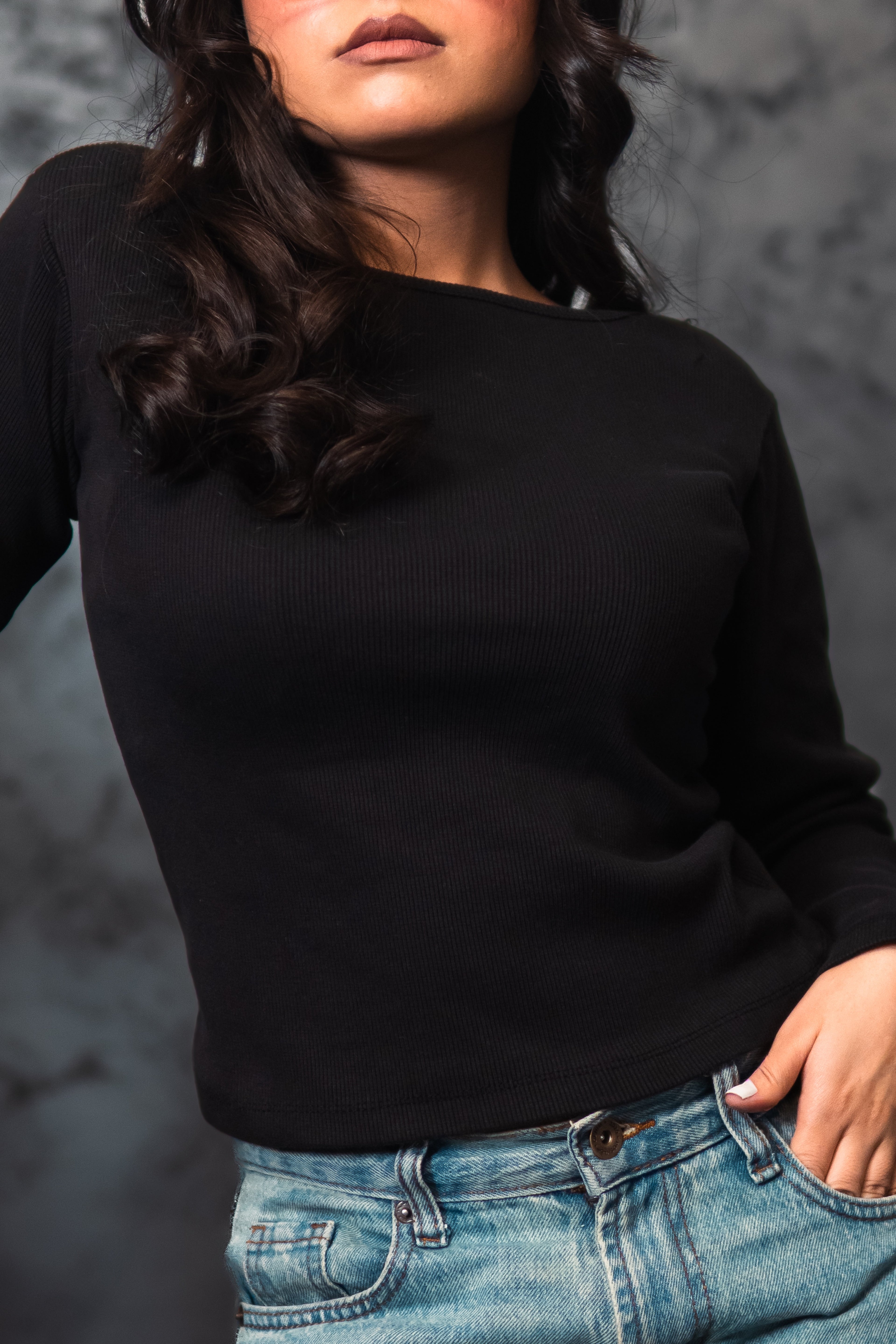 Ribbed Boat Neck  - Black