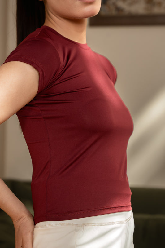 Half Sleeve Crewneck Cropped Top - Red