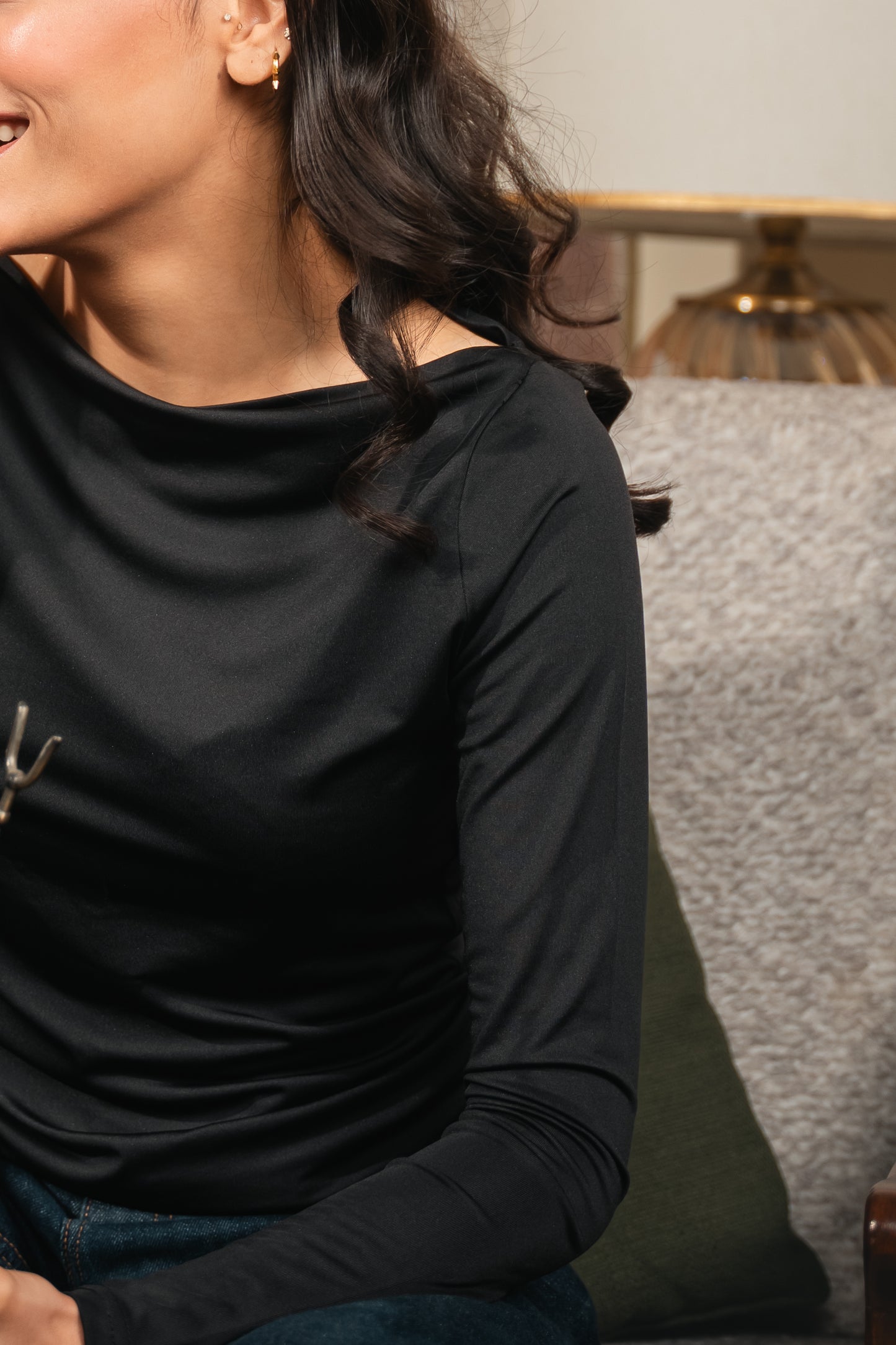 Long Sleeve Boatneck Top - Black