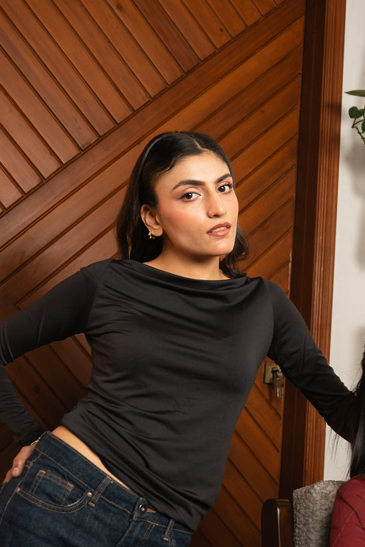 Long Sleeve Boatneck Top - Black