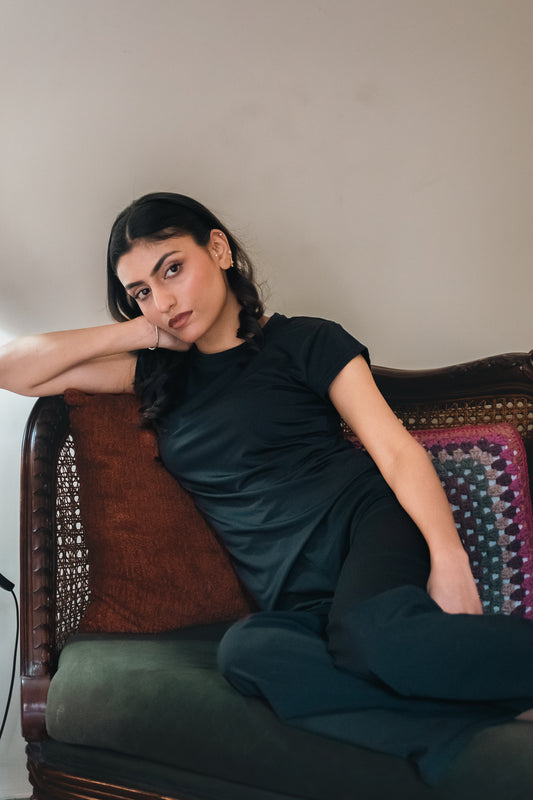 Half Sleeve Crewneck Top - Black