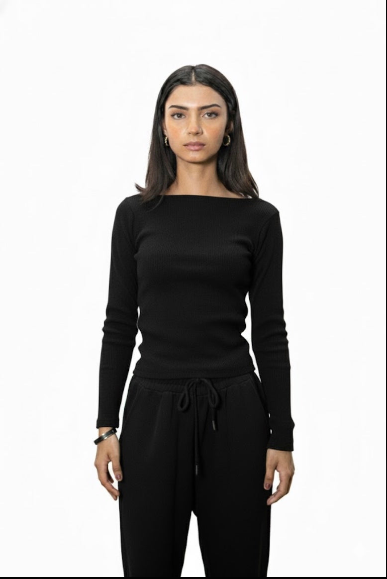 Ribbed Boat Neck  - Black