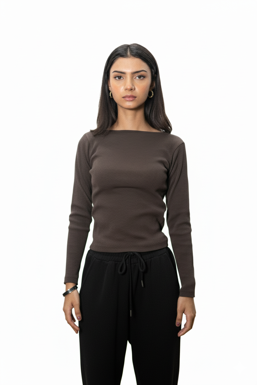 Ribbed Boat Neck - Brown